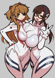 Rule 34 | 2girls, absurdres, alternate breast size, artist request, blue eyes, blush, bodysuit, breast press, breasts, brown hair, character name, closed mouth, commentary, curvy, evangelion: 3.0+1.0 thrice upon a time, eyepatch, full body, grey background, hairband, hairpods, highres, interface headset, large breasts, long hair, looking at viewer, low twintails, makinami mari illustrious, medium breasts, multiple girls, naughty face, neon genesis evangelion, orange hair, pilot suit, plugsuit, rebuild of evangelion, red-framed eyewear, semi-rimless eyewear, sidelocks, signature, simple background, smile, souryuu asuka langley, standing, tsundere, twintails, under-rim eyewear, upper body, white bodysuit, wide hips