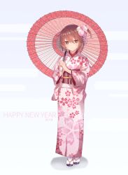 1girl 2019 absurdres brown_eyes brown_hair closed_mouth commentary_request egasumi english_text etou_kanami floral_print floral_print_kimono flower full_body hair_flower hair_ornament happy_new_year highres holding holding_umbrella japanese_clothes kimono long_sleeves looking_at_viewer nengajou new_year obi oil-paper_umbrella pink_kimono sandals sash short_hair simple_background smile solo sotonakahara standing toji_no_miko umbrella wide_sleeves zouri