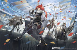Rule 34 | 4girls, animal ears, arknights, arm up, armor, armored boots, ashlock (arknights), banner, black skirt, bleachers, boots, breastplate, brown hair, cape, cloud, commentary request, company name, confetti, copyright name, copyright notice, fartooth (arknights), flametail (arknights), gauntlets, glint, grass, greaves, hat, highres, holding, holding polearm, holding shield, holding sword, holding weapon, holster, knee pads, kurohal, lance, long hair, looking at viewer, multiple girls, official art, outdoors, polearm, ponytail, red hair, rock, see-through, sheath, shield, skirt, stadium, standing, standing on one leg, sword, tabard, tail, thigh holster, thigh strap, thighhighs, weapon, wild mane (arknights)