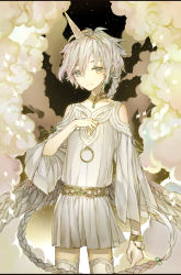 Rule 34 | 1boy, ameth (saibai shounen), androgynous, angel wings, blush, closed mouth, grey eyes, grey hair, horns, long hair, looking at viewer, low wings, male focus, memi (gamemix), official art, saibai shounen, second-party source, single horn, solo, thighhighs, unicorn, unicorn boy, white thighhighs, wings
