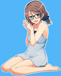 Rule 34 | 1girl, bare legs, bare shoulders, barefoot, blue background, blue eyes, brown hair, camisole, floral print, full body, glasses, hair ornament, hair scrunchie, highres, love live!, love live! school idol festival, love live! sunshine!!, nanotsuki, open mouth, own hands together, scrunchie, short hair, simple background, sitting, solo, wariza, watanabe you