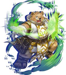 Rule 34 | 1boy, animal ears, artist request, bara, bear boy, bear ears, book, brown fur, character request, crave saga, fat, fat man, fighting stance, fire, full body, furry, furry male, gloves, green fire, grimoire, happy, large hands, leather belt, looking at viewer, magic, male focus, official art, one eye closed, open mouth, pelvic curtain, short hair, shorts, solo, white gloves