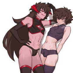Rule 34 | 2boys, abs, absurdres, blush, brown hair, bulge, byunsang, colored skin, demon king (in), detached sleeves, gloves, hands behind, heavy breathing, highres, horns, licking lips, long hair, crop top, multiple boys, red eyes, red skin, shorts, thighhighs, tongue, tongue out, trap, underwear