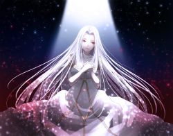 Rule 34 | 1girl, collarbone, dress, empire waist, fate/zero, fate (series), floating hair, hair intakes, irisviel von einzbern, irisviel von einzbern (angel&#039;s song), light particles, long hair, off shoulder, omizu (omz), own hands together, pale skin, red eyes, short sleeves, smile, solo, spotlight, twitter username, very long hair, white dress, white hair