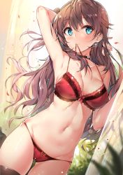 Rule 34 | 10s, 1girl, arm up, armpits, bad id, bad pixiv id, black thighhighs, blue eyes, blurry, blush, bokeh, bow, bow bra, bow panties, bra, breasts, brown hair, cameltoe, choker, cleavage, depth of field, earrings, female focus, glint, ichinose shiki, idolmaster, idolmaster cinderella girls, jewelry, lace, lace-trimmed bra, lace-trimmed panties, lace trim, large breasts, long hair, looking at viewer, medium breasts, mouth hold, navel, open m/, panties, plant, red bra, red panties, ribbon, shiny skin, single earring, skindentation, smile, solo, stomach, strap gap, thighhighs, underwear, underwear only, yuran