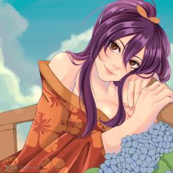Rule 34 | 1girl, breasts, cleavage, eden&#039;s zero, homura kogetsu, japanese clothes, large breasts, long hair, looking at viewer, mole, mole under eye, purple hair