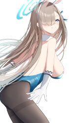 Rule 34 | 1girl, absurdres, asuna (blue archive), asuna (bunny) (blue archive), black pantyhose, blue archive, blue eyes, blue halo, blue leotard, blue ribbon, blush, breasts, cowboy shot, gloves, grin, hair over one eye, hair ribbon, halo, highres, imblossoms, large breasts, leotard, light brown hair, long hair, official alternate costume, pantyhose, ribbon, simple background, smile, solo, strapless, strapless leotard, thighband pantyhose, white background, white gloves
