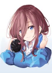 Rule 34 | 1girl, blue cardigan, breasts, brown hair, cardigan, closed mouth, collared shirt, cropped torso, dress shirt, go-toubun no hanayome, gradient background, grey background, hair over one eye, hands on headphones, hands up, headphones, headphones around neck, highres, long hair, long sleeves, looking at viewer, medium breasts, nakano miku, shirt, smile, solo, tapioka (oekakitapioka), upper body, white background, white shirt