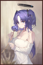 Rule 34 | 1girl, absurdres, blue archive, blush, breasts, cleavage, closed mouth, dress, flower, halo, highres, holding, holding flower, large breasts, long hair, looking at viewer, mechanical halo, purple eyes, purple flower, purple hair, saw272, solo, two side up, upper body, white dress, yuuka (blue archive)