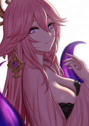 Rule 34 | 1girl, animal ears, black bra, bra, chinese commentary, commentary request, fox ears, from side, genshin impact, hair ornament, hand up, highres, long hair, looking at viewer, looking to the side, parted lips, pink hair, selcky, smile, solo, underwear, white background, yae miko