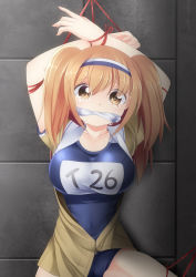 Rule 34 | 10s, 1girl, arms up, bdsm, bondage, bound, breasts, brown eyes, brown hair, character name, cleave gag, cloth gag, clothes writing, crying, gag, gagged, hairband, headband, highres, i-26 (kancolle), improvised gag, kantai collection, large breasts, looking at viewer, one-piece swimsuit, open clothes, restrained, rope, school swimsuit, solo, swimsuit, tears, two-tone hairband, two side up, yasume yukito