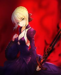 Rule 34 | 1girl, artoria pendragon (all), artoria pendragon (fate), bad id, bad pixiv id, black bow, blonde hair, blurry, blurry background, bow, braid, braided bun, breasts, cleavage, excalibur morgan (fate), fate/stay night, fate (series), frilled sleeves, frills, hair between eyes, hair bow, hair bun, head tilt, highres, holding, holding sword, holding weapon, huge filesize, long skirt, long sleeves, looking at viewer, medium breasts, open mouth, purple skirt, purple sleeves, red background, rushi (bloodc), saber alter, short hair, shrug (clothing), sideboob, skirt, skirt set, solo, sword, weapon, wide sleeves, yellow eyes