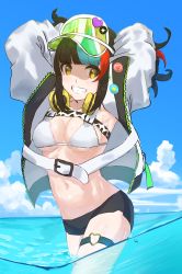 Rule 34 | 1girl, absurdres, armpits, arms behind head, arms up, badge, bare shoulders, bikini, black hair, black shorts, blue hair, blue sky, blush, breasts, button badge, cleavage, fate/grand order, fate (series), green hat, grin, hat, headphones, headphones around neck, highres, jacket, konakuso, large breasts, long hair, long sleeves, looking at viewer, multicolored hair, navel, ocean, open clothes, open jacket, red hair, sei shounagon (fate), sei shounagon (swimsuit berserker) (fate), short shorts, shorts, sidelocks, sky, smile, solo, swimsuit, thigh strap, thighs, twintails, visor cap, wading, white bikini, white jacket, yellow eyes