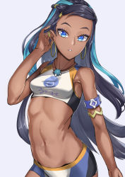 Rule 34 | 1girl, artist request, bike shorts, bikini, blue eyes, blue hair, breasts, creatures (company), dark-skinned female, dark skin, female focus, game freak, gym leader, hand in own hair, jewelry, looking at viewer, midriff, navel, necklace, nessa (pokemon), nintendo, pokemon, pokemon swsh, shorts, simple background, small breasts, solo, sportswear, standing, stomach, swimsuit, tankini, white background
