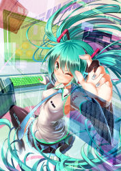 Rule 34 | 1girl, aqua eyes, aqua hair, black thighhighs, blush, hatsune miku, heads-up display, highres, holographic interface, holographic keyboard, holographic monitor, holographic touchscreen, long hair, matanonki, nail polish, necktie, one eye closed, skirt, smile, solo, thighhighs, twintails, very long hair, vocaloid, wink, zettai ryouiki