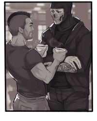 Rule 34 | 2boys, arm tattoo, artist name, asymmetrical hair, call of duty, call of duty: modern warfare 2, cup, disposable cup, facial hair, ghost (modern warfare 2), highres, holding, holding cup, jacket, kriskamisame, looking at another, male focus, mask, multiple boys, muscular, muscular male, open clothes, open jacket, pants, shirt, short hair, sidecut, sleeves rolled up, soap (modern warfare 2), tattoo, undercut