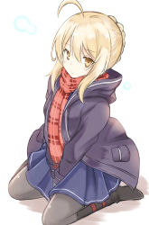 Rule 34 | 1girl, absurdres, ahoge, artoria pendragon (all), artoria pendragon (fate), between legs, black footwear, blonde hair, blue skirt, boots, braid, closed mouth, coat, duffel coat, fate/grand order, fate (series), french braid, grey pantyhose, hand between legs, highres, knee boots, looking at viewer, mysterious heroine x alter (fate), mysterious heroine x alter (first ascension) (fate), open clothes, open coat, pantyhose, plaid, plaid scarf, red scarf, saber (fate), scarf, shibakame, shibakame (917narto8537), sidelocks, sitting, skirt, solo, v arms, wariza, white background, yellow eyes