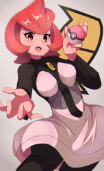 Rule 34 | 1girl, :d, breasts, creatures (company), game freak, highres, holding, holding poke ball, leggings, looking at viewer, mars (pokemon), nintendo, open mouth, pointy hair, poke ball, pokemon, pokemon dppt, red eyes, red hair, short hair, skin tight, skirt, smile, solo, team galactic, team galactic uniform, teeth, umiru, upper teeth only
