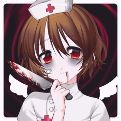 Rule 34 | angel wings, bandages, bandage on face, bandages, blood, blood from mouth, bloody weapon, brown hair, bags under eyes, hat, knife, nurse, nurse cap, red eyes, tired, weapon, wings