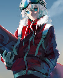 Rule 34 | blue eyes, blue sky, closed mouth, day, fur trim, gloves, goggles, goggles on head, holding, hood, hood down, hoodie, long sleeves, looking at viewer, original, outdoors, scenery, silver hair, sky, snowboard, solo, swav, upper body, white gloves, winter clothes
