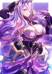 Rule 34 | 1girl, absurdres, arm behind head, armpits, breasts, camilla (fire emblem), cleavage, dress, fire emblem, fire emblem fates, gloves, hair over one eye, highres, large breasts, legs, long hair, looking at viewer, nintendo, purple eyes, purple hair, smile, solo, thighs