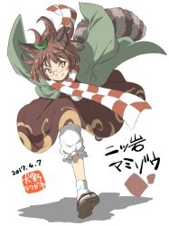 Rule 34 | 1girl, animal ears, bloomers, brown hair, brown skirt, character name, checkered clothes, checkered scarf, dated, futatsuiwa mamizou, glasses, inuno rakugaki, leaf, leaf on head, looking at viewer, pom pom (clothes), raccoon ears, raccoon tail, round eyewear, running, sandals, scarf, skirt, smile, solo, tail, touhou, tsurime, underwear, white background, white bloomers, white legwear, wide sleeves, yellow eyes