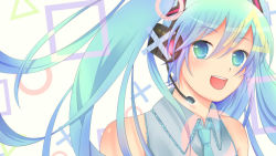 Rule 34 | 1girl, aqua eyes, aqua hair, bare shoulders, hatsune miku, headphones, headset, long hair, looking at viewer, mamakari, necktie, open mouth, project diva, project diva (series), smile, solo, twintails, vocaloid