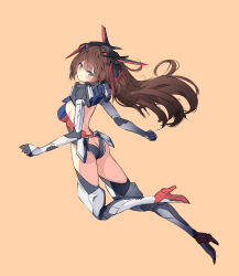 Rule 34 | 1girl, aile strike gundam, ass, ass cutout, blush, breasts, brown hair, butt crack, clenched hand, clothing cutout, gundam, gundam seed, highres, i.takashi, leotard, long hair, mecha musume, medium breasts, armored boots, open hand, orange hair, personification, sideboob, smile, solo, thighhighs, yellow eyes