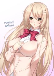 Rule 34 | 1girl, blonde hair, blush, bow, breasts, cardigan, copyright name, hair ornament, hairclip, hand on own chest, large breasts, long hair, looking at viewer, minamon (vittel221), natsuki hikari, open mouth, purely x cation, school uniform, smile, solo, very long hair, yellow eyes