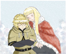 Rule 34 | 2boys, androgynous, belt, blonde hair, buckle, canute, cape, closed eyes, closed mouth, crossed arms, eyelashes, fur trim, hair between eyes, leaning on person, leaning to the side, long hair, male focus, multiple boys, outdoors, prince, sleeping, snow, snowing, thorfinn, viking, vinland saga