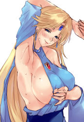 Rule 34 | 1girl, arm up, armpits, bare shoulders, blonde hair, blue eyes, blush, breasts, brooch, capcom, circlet, earrings, flashing, happy, jewelry, large breasts, lipstick, long hair, looking at viewer, lost worlds (game), makeup, negresco, no bra, project x zone 2, sideboob, simple background, smile, solo, sylphie, upper body, white background