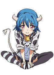 Rule 34 | 1girl, animal print, bell, black footwear, black skirt, black thighhighs, blue hair, blush, breasts, closed mouth, commentary, cow girl, cow horns, cow print, cow tail, full body, hair between eyes, hands on own feet, horns, jacket, jashin-chan dropkick, knees apart feet together, kosuke ida, large breasts, long sleeves, looking at viewer, minos (jashin-chan dropkick), neck bell, pleated skirt, print jacket, red eyes, shirt, shoes, short hair, simple background, sitting, skirt, sleeves rolled up, smile, sneakers, solo, straight-on, striped clothes, striped thighhighs, tail, thighhighs, white background, white shirt, white thighhighs, zettai ryouiki