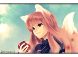 Rule 34 | 00s, 1girl, animal ears, apple, bad id, bad pixiv id, brown hair, food, fruit, holding, holding food, holding fruit, holo, long hair, red eyes, saki (pixiv303252), solo, spice and wolf, tail, wolf ears, wolf tail