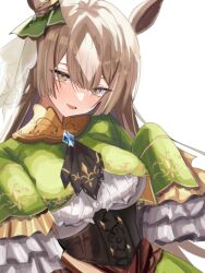 1girl animal_ears ascot breasts brown_ascot brown_eyes brown_hair corset dress dutch_angle ear_ornament green_dress hair_between_eyes half_updo highres horse_ears kirameki_(rikukaikuu) large_breasts long_hair long_sleeves looking_at_viewer multicolored_hair satono_diamond_(umamusume) simple_background sleeves_past_fingers sleeves_past_wrists smile solo streaked_hair umamusume upper_body white_background white_hair