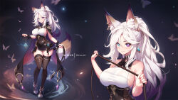 Rule 34 | 1girl, animal ear fluff, animal ears, blue eyes, breasts, cape, commentary, dress, english commentary, fox ears, fox girl, fox tail, full body, heterochromia, large breasts, long hair, looking at viewer, mitsu (mitsu art), original, ponytail, purple eyes, shoes, sideboob, sideless outfit, smile, solo, standing, tail, thighhighs, thighs, white hair, yna&#039;ri (mitsu art)