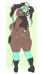 Rule 34 | ass, blush, boots, breasts, cropped vest, dark-skinned female, dark skin, gamukami, green thighhighs, highres, huge ass, large breasts, looking at viewer, looking back, marina (splatoon), nintendo, octoling, octoling player character, splatoon (series), splatoon 2, sweat, tagme, thighhighs, thong, vest