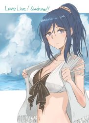 Rule 34 | 10s, 1girl, artist request, bad id, bad twitter id, bikini, bikini top only, blue hair, breasts, cleavage, cloud, cloudy sky, copyright name, day, front-tie bikini top, front-tie top, gin moku, highres, large breasts, long hair, love live!, love live! school idol festival, love live! sunshine!!, matsuura kanan, md5 mismatch, midriff, navel, ocean, ponytail, purple eyes, resized, sky, solo, swimsuit, towel, towel around neck, upper body
