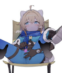 Rule 34 | 1girl, 1other, ahoge, animal ears, black footwear, blonde hair, blue eyes, blue pants, blue scarf, blush, boots, breath, brown gloves, chair, clothed masturbation, commentary request, compass, crossed bangs, disembodied limb, egg vibrator, fake animal ears, female masturbation, fingering, fingering through clothes, fur-trimmed boots, fur trim, gloves, hair between eyes, healthyman, highres, honkai: star rail, honkai (series), lynx landau, masturbation, masturbation through clothes, pants, pantyhose, parted lips, scarf, sex toy, short hair, simple background, sitting, solo focus, spread legs, thigh strap, through clothes, vibrator, vibrator cord, white background