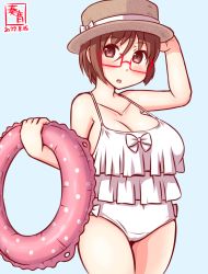 Rule 34 | 1girl, alternate costume, artist logo, bespectacled, breasts, brown eyes, brown hair, casual one-piece swimsuit, collarbone, commentary request, cowboy shot, dated, frilled one-piece swimsuit, frilled swimsuit, frills, glasses, hat, holding, kanon (kurogane knights), kantai collection, large breasts, looking at viewer, natori (kancolle), one-hour drawing challenge, one-piece swimsuit, polka dot innertube, red-framed eyewear, short hair, solo, swimsuit, white one-piece swimsuit