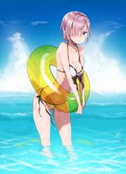 Rule 34 | 1girl, alternate costume, bad id, bad pixiv id, bikini, blush, breasts, cleavage, collarbone, day, fate/grand order, fate (series), front-tie bikini top, front-tie top, gluteal fold, hair over one eye, highres, innertube, looking at viewer, mash kyrielight, medium breasts, nito (siccarol), ocean, outdoors, purple eyes, purple hair, short hair, side-tie bikini bottom, smile, solo, swim ring, swimsuit, white bikini