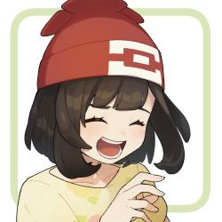 Rule 34 | 1girl, beanie, blush, brown hair, closed eyes, commentary request, creatures (company), eyelashes, framed, game freak, hand up, hat, miu (miuuu 721), nintendo, open mouth, pokemon, pokemon sm, red hat, selene (pokemon), shirt, short sleeves, solo, t-shirt, teeth, tongue, upper body, white background, yellow shirt