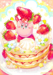 Rule 34 | arms up, artist name, blue eyes, blue flower, blush, blush stickers, cake, commentary request, dated, drooling, flower, food, fruit, full body, holding, holding food, kirby, kirby (series), kumaoka pon, leaf, multicolored background, nintendo, no humans, open mouth, pixiv id, plate, sparkle, standing, star (symbol), star in eye, strawberry, strawberry shortcake, symbol in eye, twitter username, watermark, whipped cream, yellow flower