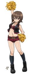 Rule 34 | 10s, 1girl, breasts, brown eyes, brown hair, cheerleader, cleavage, girls und panzer, highres, midriff, nishizumi maho, pom pom (cheerleading), shift (waage), short hair, shorts, simple background, solo