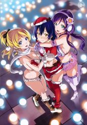 Rule 34 | 10s, 3girls, ayase eli, bikini, blonde hair, blue eyes, blue hair, blush, boots, breasts, christmas, cleavage, clothes pull, crescent, crescent earrings, earmuffs, earrings, flower, gloves, green eyes, hair ribbon, hairband, hat, highres, hug, jewelry, long hair, love live!, love live! school idol festival, love live! school idol project, medium breasts, midriff, mittens, multiple girls, open mouth, ponytail, purple hair, red gloves, ribbon, santa boots, santa costume, santa hat, scarf, skirt, skirt pull, smile, sonoda umi, star (symbol), star earrings, swimsuit, takeda hiromitsu, thigh boots, thighhighs, tojo nozomi, twintails, white bikini, white gloves, yellow eyes