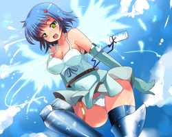 Rule 34 | 00s, angel, angel of light nanael, angel wings, bare shoulders, blue hair, blue theme, blush, boots, elbow gloves, gloves, green eyes, ippongui, miniskirt, nanael (queen&#039;s blade), nanael (queen's blade), panties, pantyshot, polka dot, polka dot panties, queen&#039;s blade, skirt, solo, thighhighs, underwear, upskirt, wings