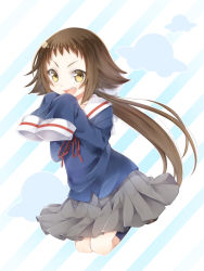 Rule 34 | &gt;:d, 1girl, :d, brown hair, collarbone, diagonal stripes, fang, from side, grey skirt, hair ribbon, highres, long hair, long sleeves, looking at viewer, looking to the side, mikakunin de shinkoukei, mitsumine mashiro, open mouth, pleated skirt, red ribbon, ribbon, school uniform, serafuku, shinya (soramame), short hair with long locks, skirt, sleeves past wrists, smile, solo, striped, striped background, ufo, v-shaped eyebrows, white ribbon, yellow eyes