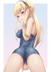 Rule 34 | 1girl, ass, blonde hair, blue eyes, blue one-piece swimsuit, blush, breasts, cameltoe, commentary, crotch seam, double bun, fletcher (kancolle), from behind, hair bun, hairband, hand on own crotch, highres, imminent masturbation, kantai collection, long hair, looking at viewer, looking back, medium breasts, one-piece swimsuit, open mouth, presenting, purple eyes, sakieko, school swimsuit, solo, spread legs, swimsuit