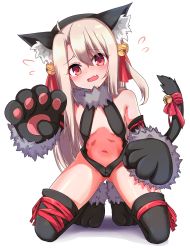 Rule 34 | 1girl, animal ears, animal hands, armpits, arms up, bare shoulders, bell, black gloves, black leotard, blonde hair, blush, breasts, cat ears, cat tail, center opening, chawan (yultutari), elbow gloves, fate/kaleid liner prisma illya, fate (series), flying sweatdrops, fur collar, gloves, hair ribbon, highleg, highleg leotard, highres, illyasviel von einzbern, illyasviel von einzbern (beast style), jingle bell, kneeling, leotard, long hair, looking at viewer, navel, official alternate costume, open mouth, paw gloves, red eyes, red ribbon, ribbon, simple background, small breasts, solo, tail, white background