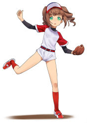 Rule 34 | 1girl, :o, a1 (initial-g), baseball, baseball cap, baseball glove, baseball jersey, baseball uniform, belt, brown hair, full body, green eyes, hat, idolmaster, idolmaster (classic), jersey, leg lift, looking at viewer, outstretched arms, pitcher (container), pitching, playing sports, raglan sleeves, red socks, shoes, shorts, simple background, socks, solo, sportswear, spread arms, spread legs, standing, standing on one leg, takatsuki yayoi, twintails, white background