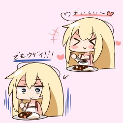 Rule 34 | &gt; &lt;, 10s, 1girl, :&gt;, arrow (symbol), bare arms, bare shoulders, blonde hair, blue eyes, blush stickers, camisole, chibi, closed eyes, closed mouth, commentary request, curry, curry rice, food, hair between eyes, hana kazari, heart, holding, holding spoon, long hair, pink background, plate, rice, sidelocks, sketch, spoon, takanashi misha, translation request, uchi no maid ga uzasugiru!, white camisole